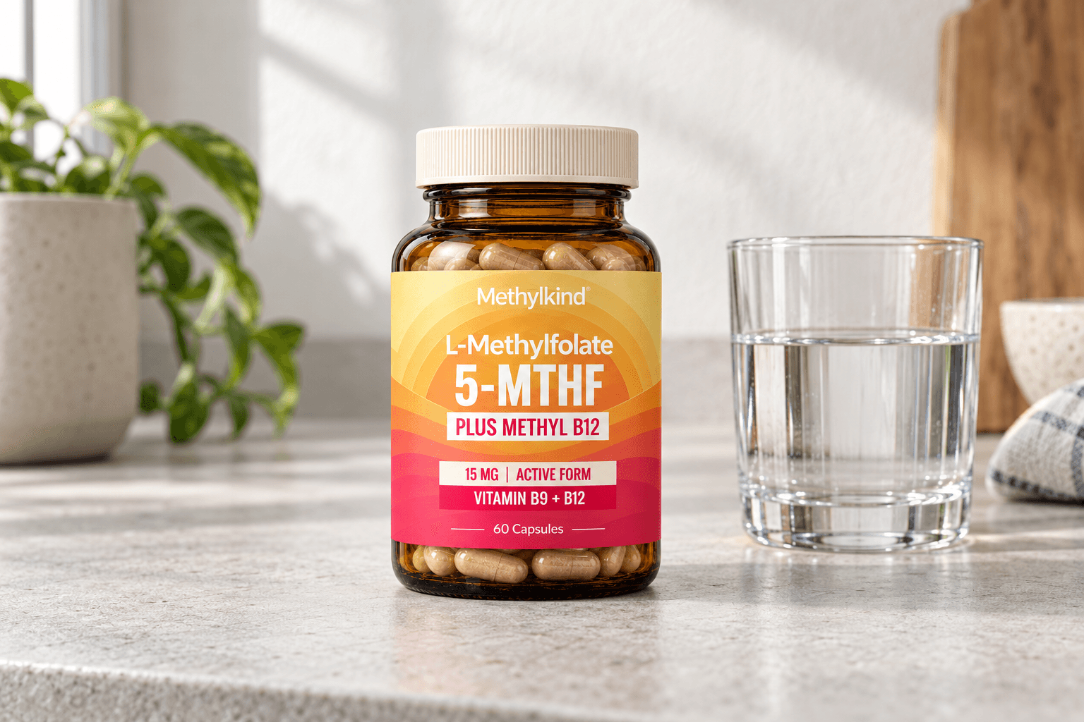 Methylkind bottle and a glass of water on a neutral kitchen counter